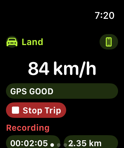 TriVector Apple Watch trip summary screen showing recording state and trip totals.